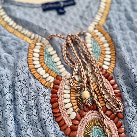 Celestial Blue Peasant Crochet Embroidered 70s Bohemian Bell Sleeves Top XL - Picture 5 of 5